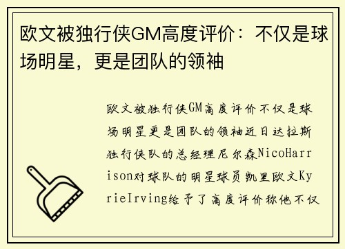 欧文被独行侠GM高度评价：不仅是球场明星，更是团队的领袖