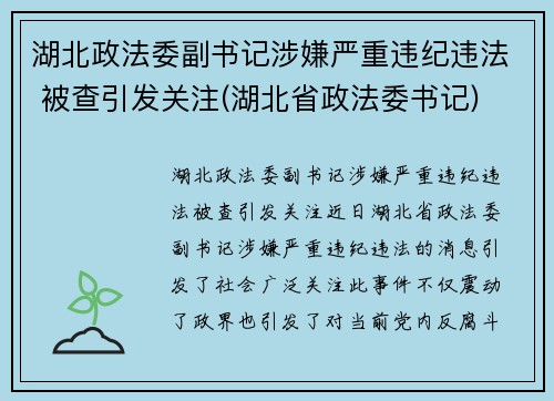 湖北政法委副书记涉嫌严重违纪违法 被查引发关注(湖北省政法委书记)