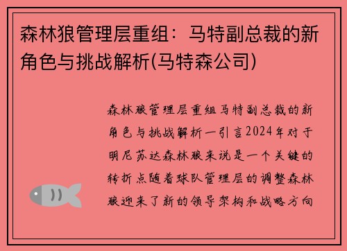 森林狼管理层重组：马特副总裁的新角色与挑战解析(马特森公司)