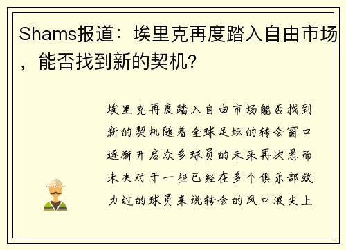 Shams报道：埃里克再度踏入自由市场，能否找到新的契机？