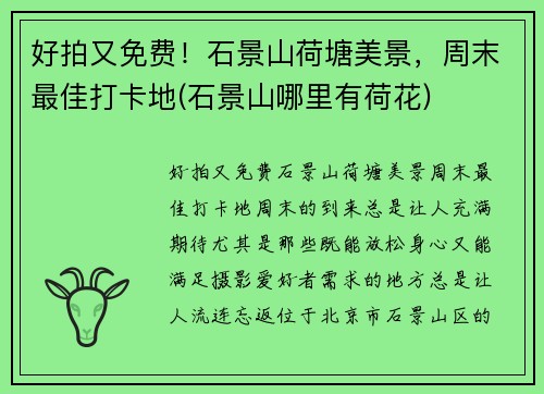 好拍又免费！石景山荷塘美景，周末最佳打卡地(石景山哪里有荷花)